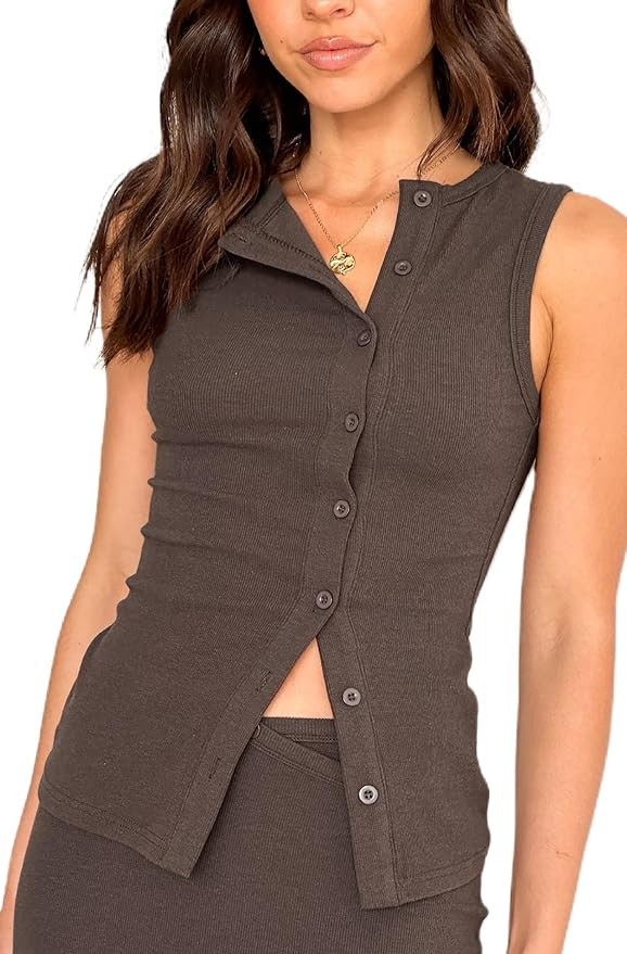KMBANGI Women Button Down Vest Ribbed Summer Tank Tops Button Up Open Front Rib Shirt Sleeveless ... | Amazon (US)