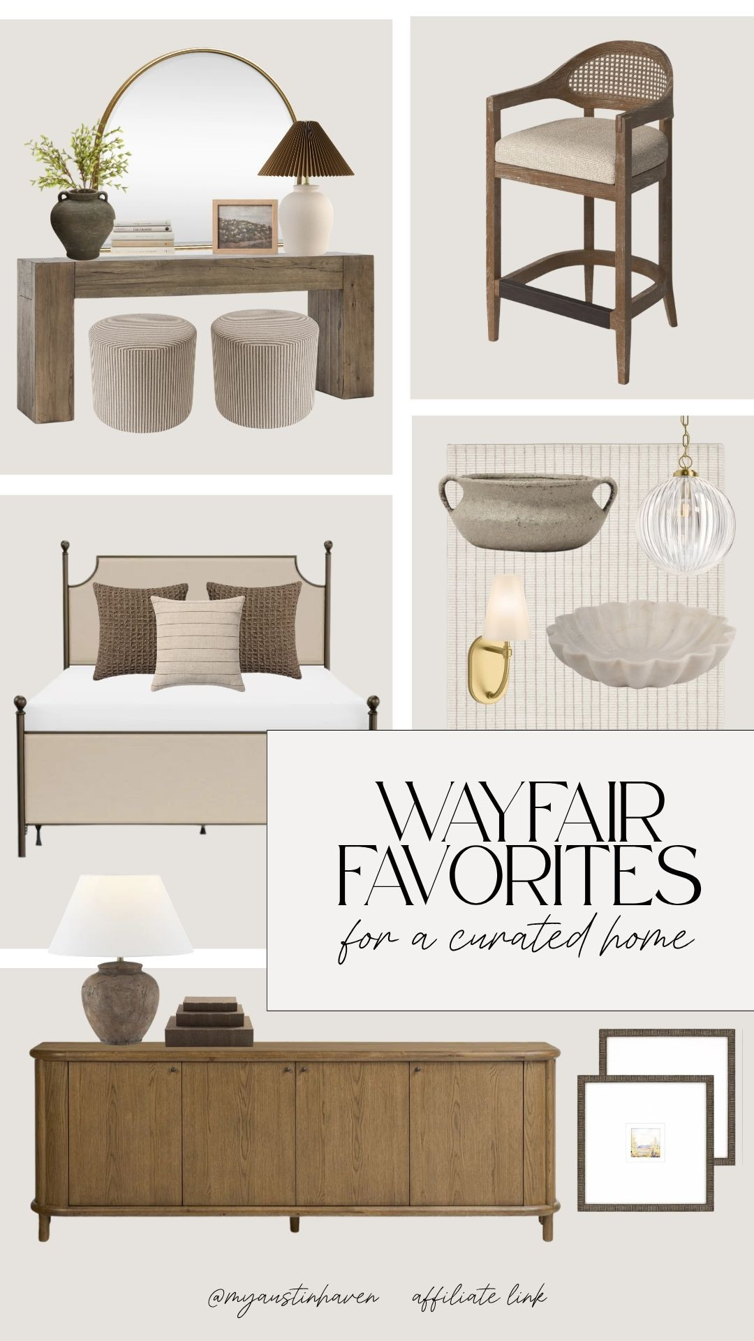 Wayfair favorites for a modern organic home with warm wood tones, soft neutrals and timeless pieces that create a curated look. 🌿

Wayfair favorites, modern organic home, curated home decor, wayfair home finds, neutral home decor, organic modern decor, wood console table, upholstered bed, cane bar stool, round wall mirror, pleated table lamp, buffet cabinet, accent lighting, textured throw pillows, warm neutral decor, elevated home style, timeless furniture, living room decor, amber interiors inspired, bedroom furniture, designer look for less.  

 #LTKHome