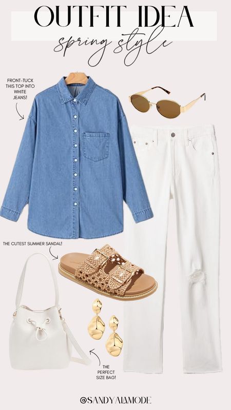 Chic spring style | elevated casual spring outfit | how to style a denim shirt for spring | spring to summer outfit idea | Target shoes | strappy sandals | white jeans | designer inspired sunglasses | viral Amazon sunglasses | white bucket bag | dainty gold earrings | Amazon fashion | Amazon denim button down shirt #LTKfindsunder100 #LTKstyletip

#LTKSeasonal