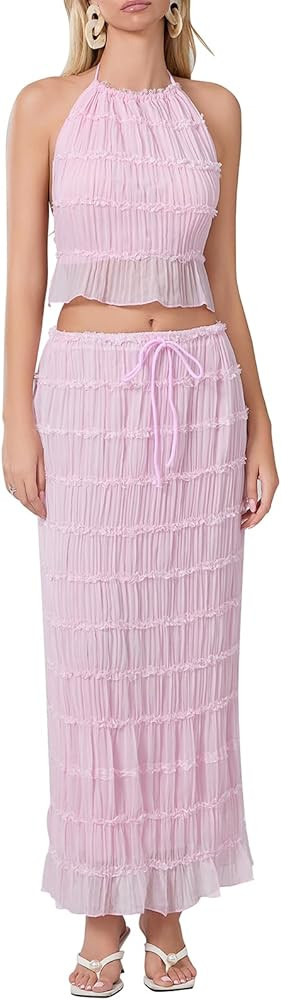 Women Y2K Skirt Set Outfits Strapless Crop Top Bodycon Midi Skirt Dress Sexy 2 Piece Knit Outfits... | Amazon (US)