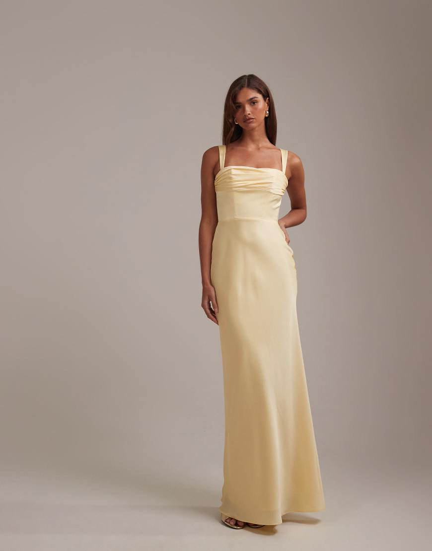 ASOS DESIGN bridesmaids satin draped bust maxi dress with column skirt in lemon-Yellow | ASOS (Global)