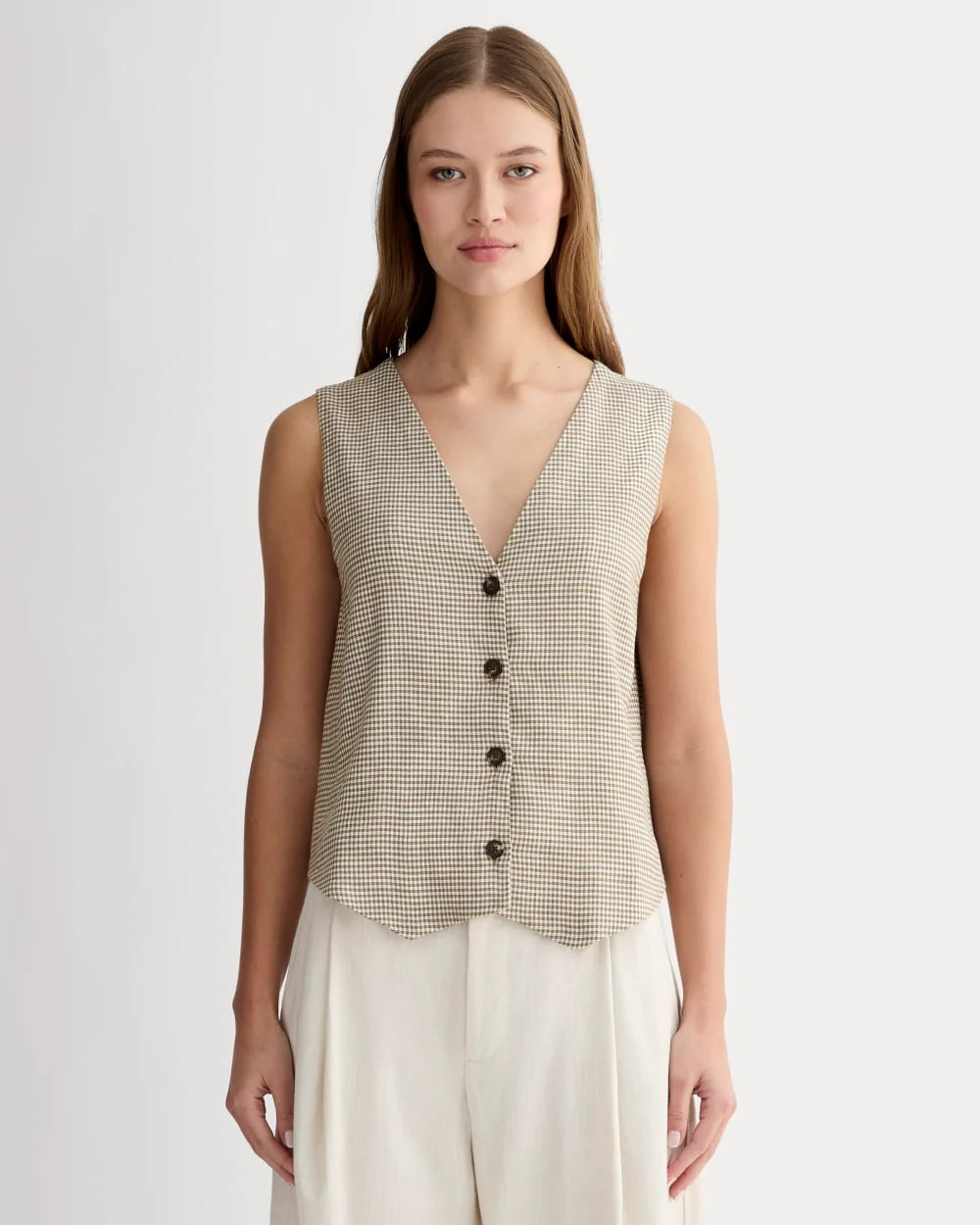 The Vest in Stretch Linen | Deep Taupe Mini Gingham | Everlane