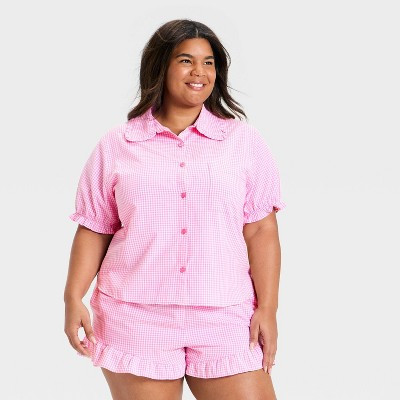 Women's Mommy & Me Ruffle Short Sleeve Notch Collar Shirt and Shorts Pajama Set - Auden™ Pink 1X | Target
