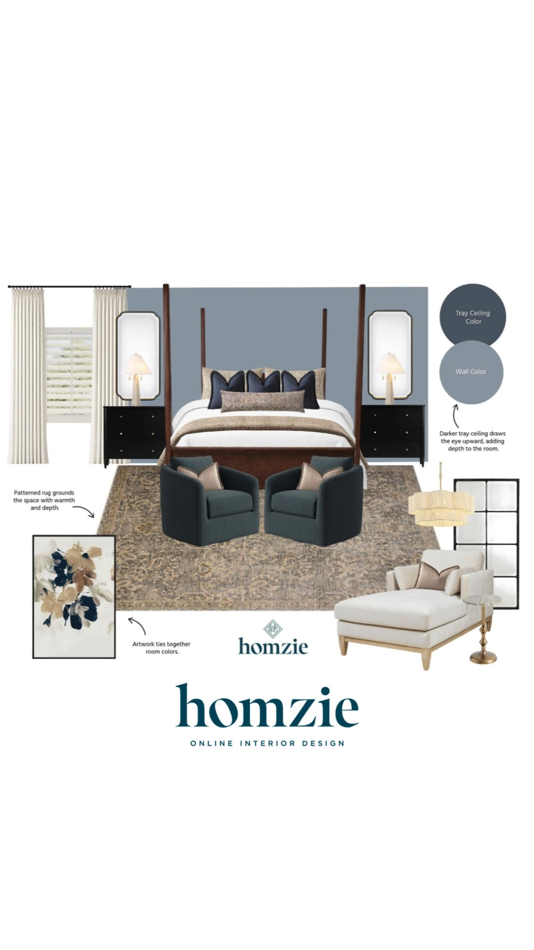 Moody bedroom design featuring curtains, swivel chair, lamps, wall art, chaise, nightstands, rug, decor, etc.

#LTKHome #LTKFinds #LTKFavorites #HomeStyleDaily 

 #LTKHome