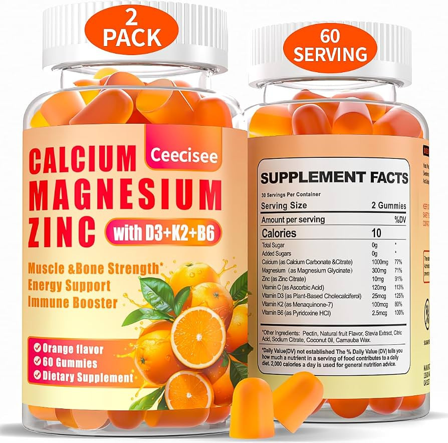 Calcium Magnesium Zinc Gummies with D3 &B6 &K2,1000mg Calcium Gummies with 300mg Magnesium Suppor... | Amazon (US)