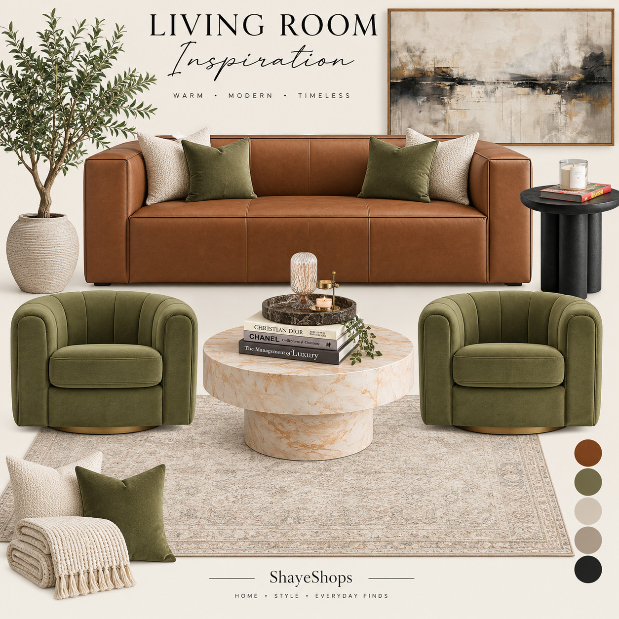 Caramel leather + olive green = a combination I’m loving! 

The warm leather sofa paired with these gorgeous olive green swivel chairs creates such a cozy, sophisticated look. Add a sculptural travertine coffee table, soft neutral textures, and a little greenery for an effortlessly elevated living room.

A little earthy, a little modern, and completely timeless.

Shop the pieces to recreate this look!

#LivingRoomInspo #HomeDecorFinds #ModernLivingRoom #EarthyHomeDecor #InteriorInspiration 
 

 #LTKHome