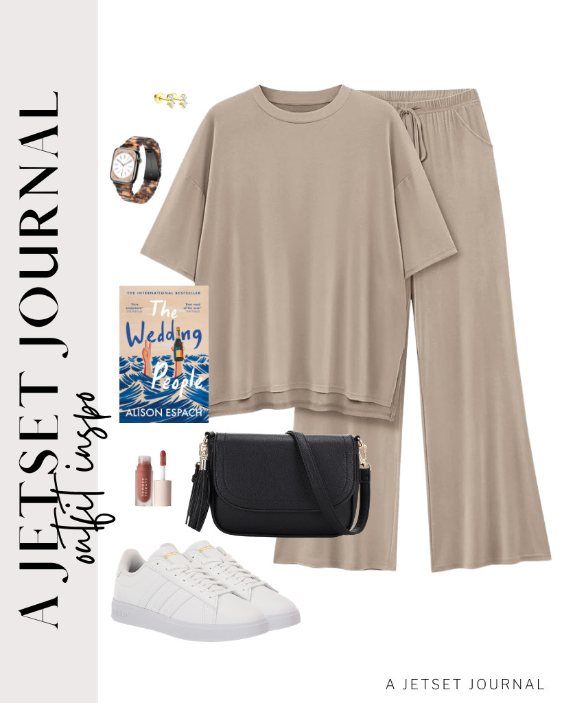 Our next outfit is a light khaki two-piece set of an oversized short-sleeved top and wide-leg pants that looks perfect for a jetsetter aesthetic. Flex your Adidas tennis shoes, grab an EVVE small crossbody bag, and you’re good to go! 

 #LTKSeasonal #LTKSaleAlert