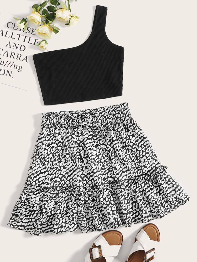 SHEIN One Shoulder Crop Top & Frill Trim Allover Print Skirt Set | SHEIN