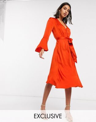 Ghost exclusive annabelle satin button front midi dress with flare sleeves | ASOS (Global)
