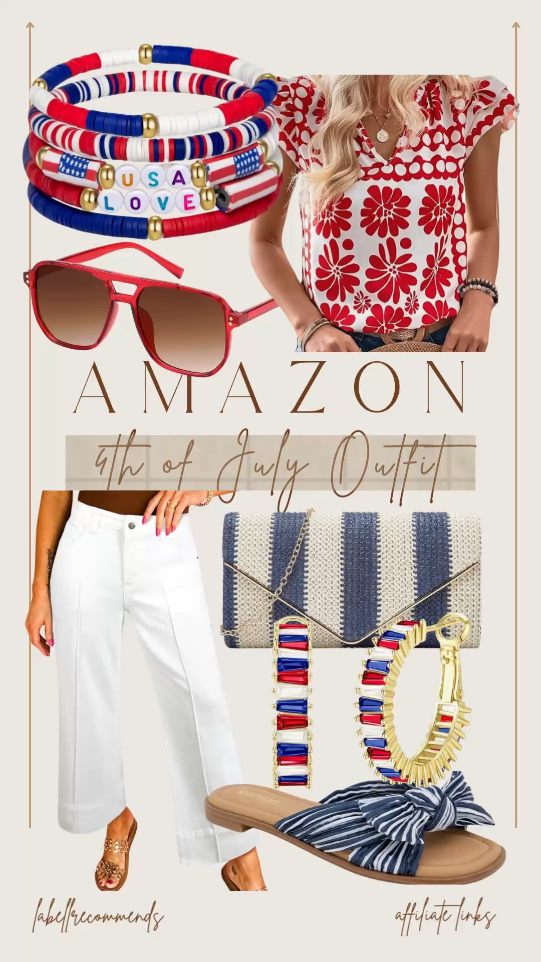 4th of July outfit from Amazon -white jeans, red and white top, blue and white accessories and shoes make this the perfect red, white and blue fashion outfit fit the holiday. 

#4thofjuly
#redwhiteandblue

White jeans, blue and white raffia purse, red sunglasses, blue and white shoes, straw clutch, red white and blue clothes, 4th of July fashion

#LTKSeasonal