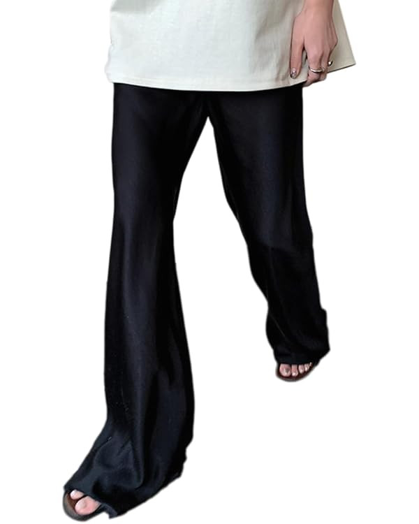 Women Satin Wide Leg Dress Pants Silk Casual Dressy Long Flowy Pants Elastic High Waisted Trouser... | Amazon (US)