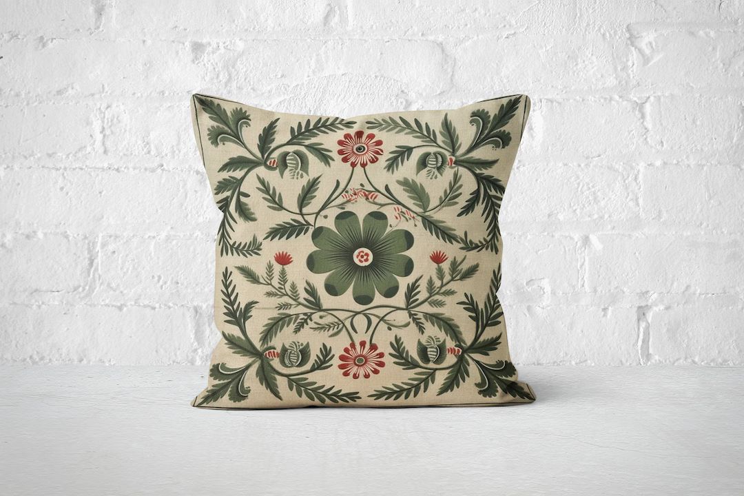 Floral Folk Art Pillow Cover in Sage Green, Summer Woodland Cushion, Unique Housewarming Gift, No... | Etsy (US)
