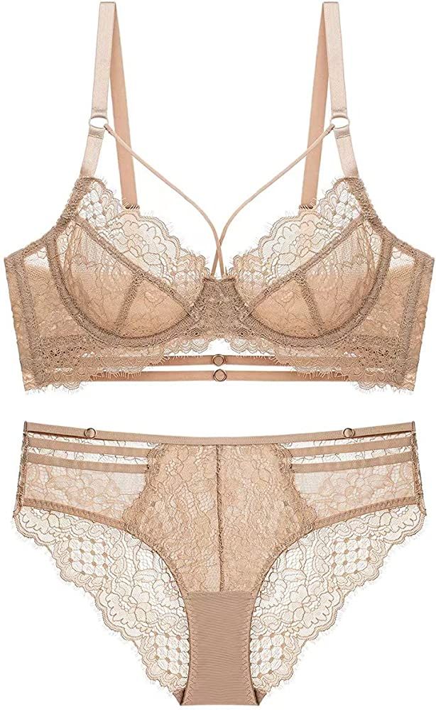 Women's Sexy Soft Lace Lingerie Set See Through Underwear Floral Lace Underwire Sheer Bra and Panty  | Amazon (US)