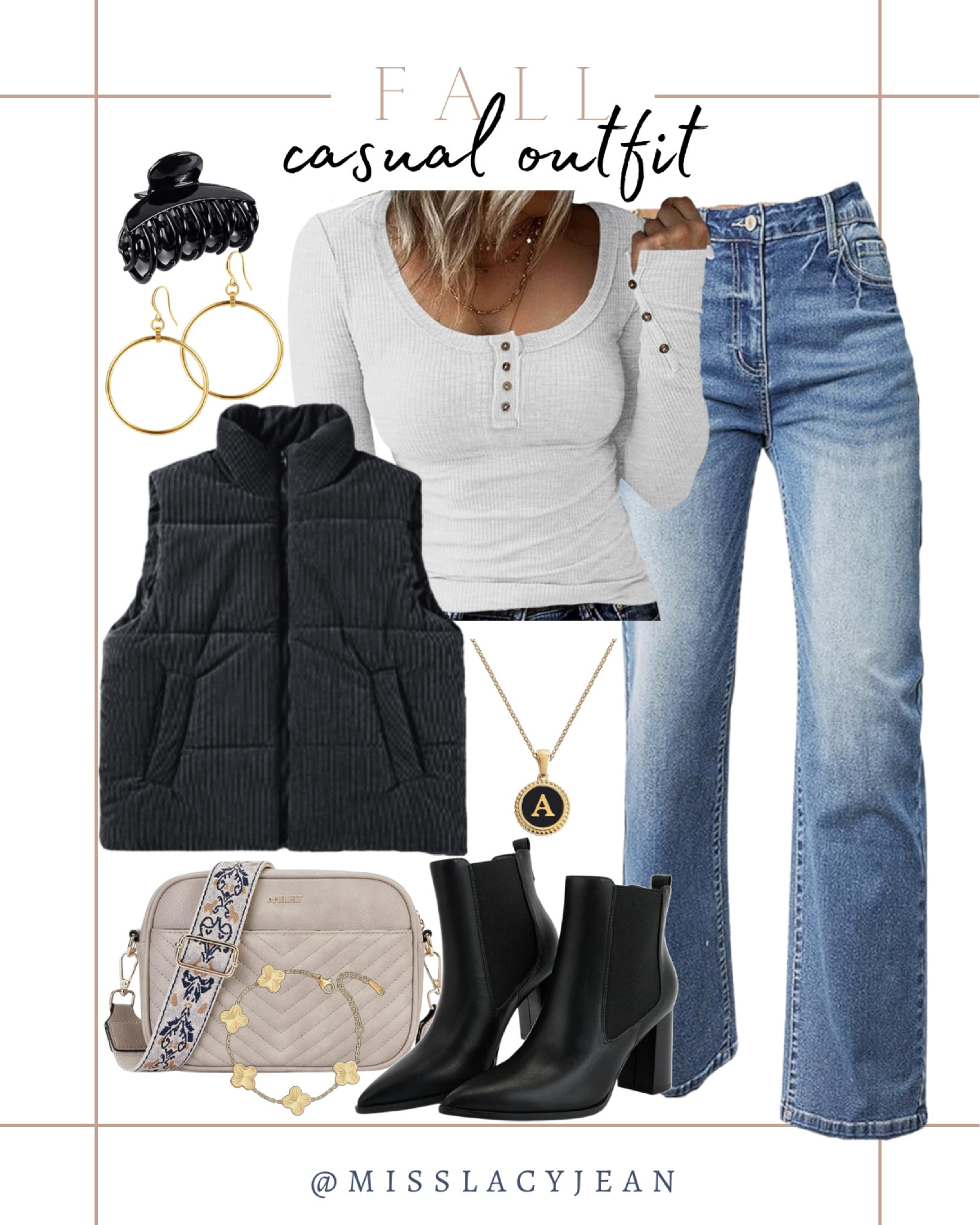 Casual fall outfit includes jeans, Henley top, puffer vest, crossbody bag, gold jewelry, hair clip, booties.

Fall casual outfit, fall outfit, casual outfit, looks for less

#LTKShoeCrush #LTKStyleTip #LTKFindsUnder50