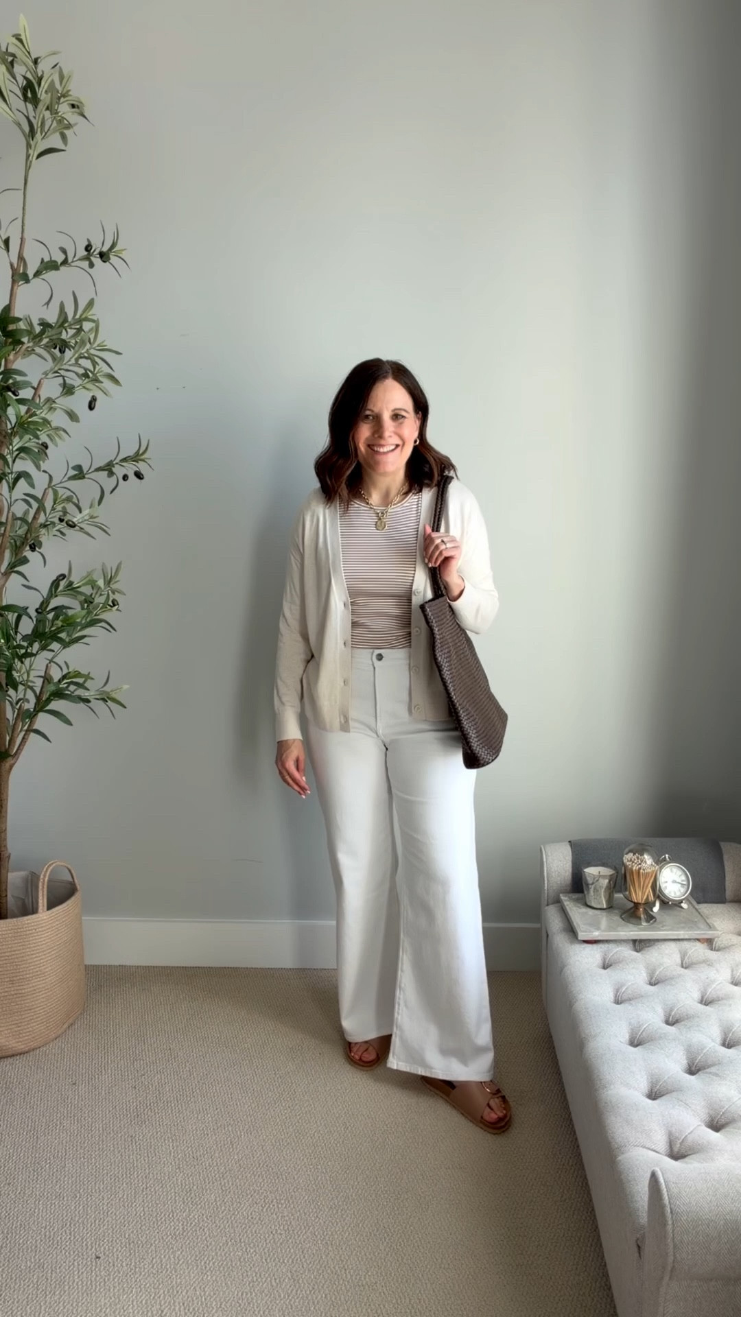 Love this monochrome outfit. Sized up to a large in this tan-and-white striped elbow-length tee. In a medium in this cardigan. These wide leg jeans fit TTS. 

 #LTKOver40 #LTKSaleAlert #LTKMidsize