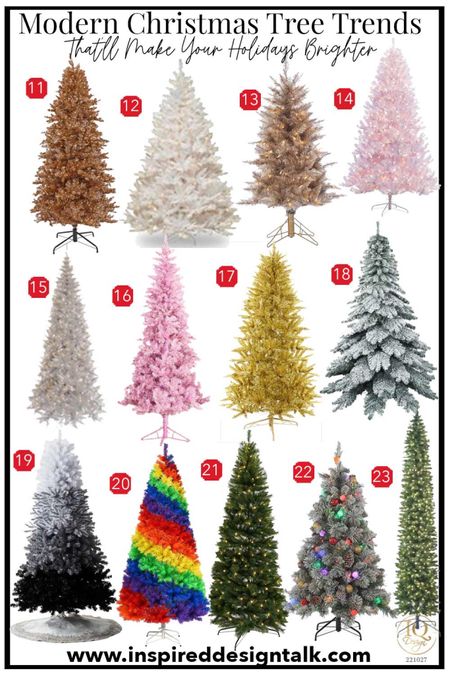 Fun Modern Christmas tree trends // pink Christmas tree, gold Christmas tree, rainbow Christmas tree, ombré Christmas trees, flocked Christmas tree, white Christmas tree

#LTKhome #LTKHoliday #LTKSeasonal