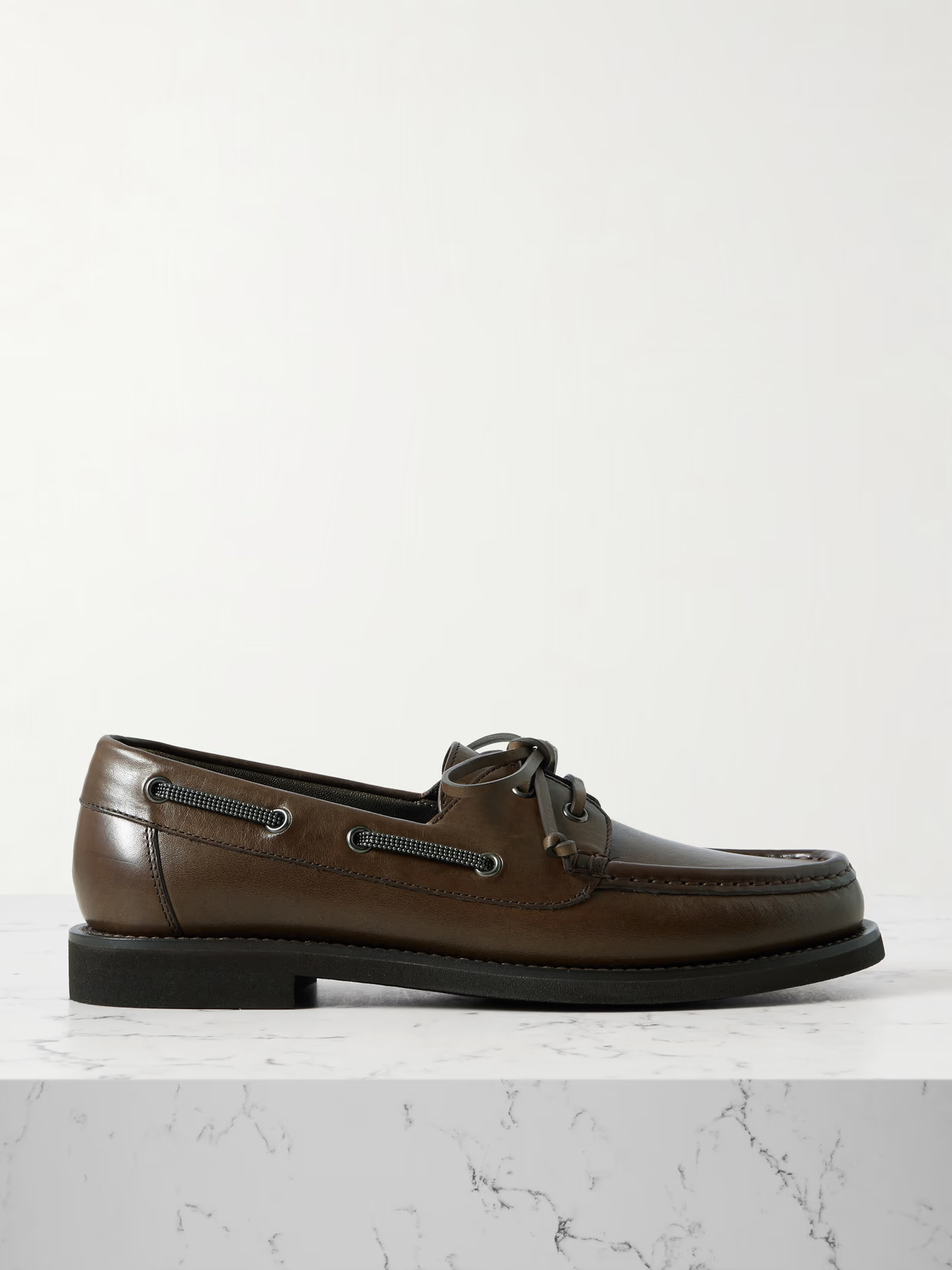 Brunello Cucinelli - Embellished Leather Boat Shoes - Brown | NET-A-PORTER (US)