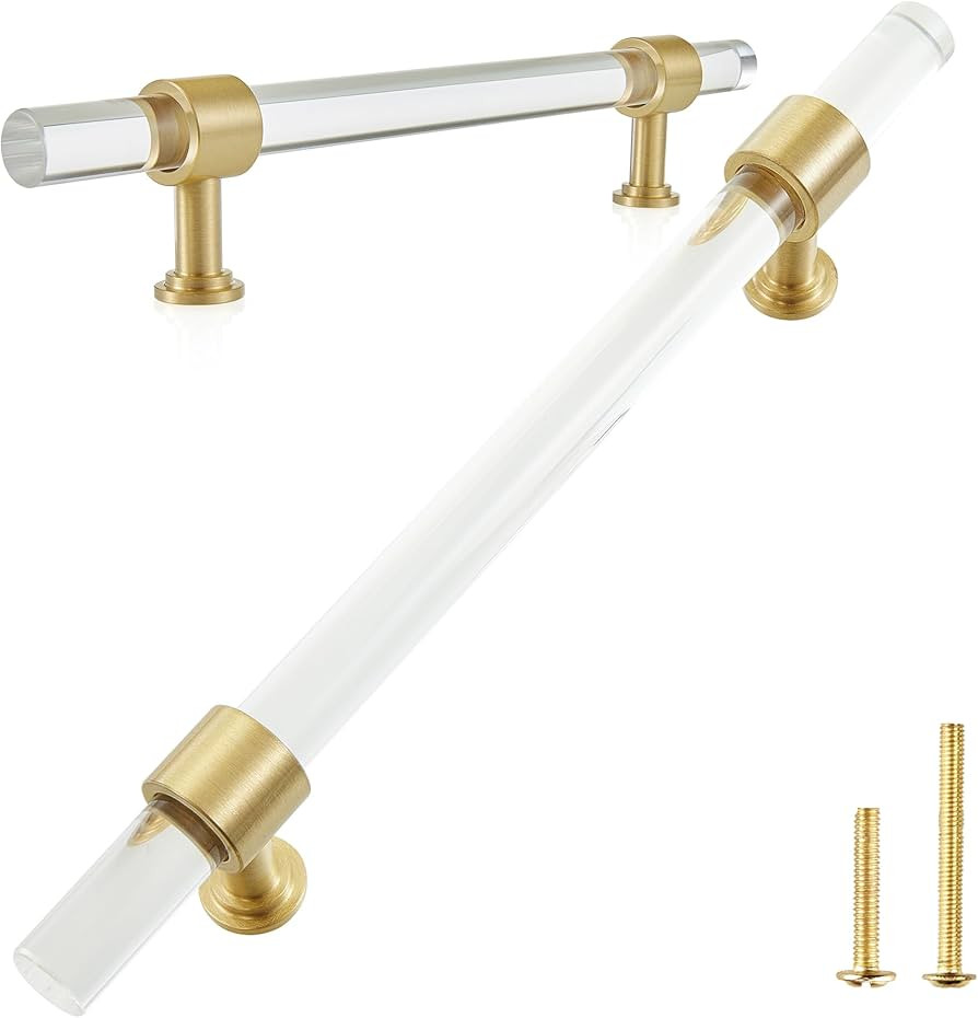 QOGRISUN 2-Pack Acrylic Cabinet Pulls with Brass Base, Gold Modern Drawer Handles, 7-9/16-inch Ho... | Amazon (US)