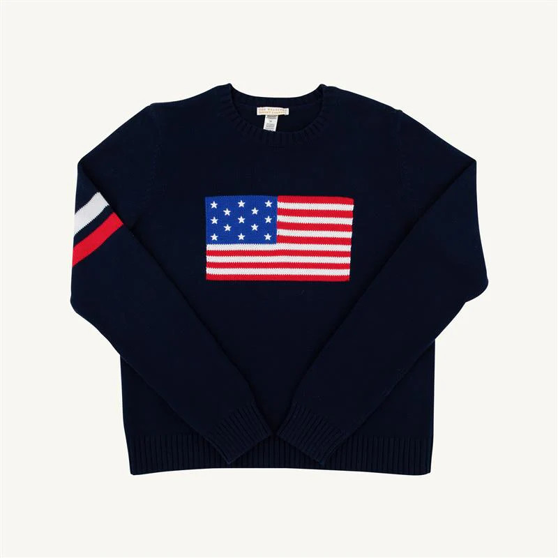 Women's Cissy Intarsia Sweater - Nantucket Navy with American Flag Motif | The Beaufort Bonnet Company