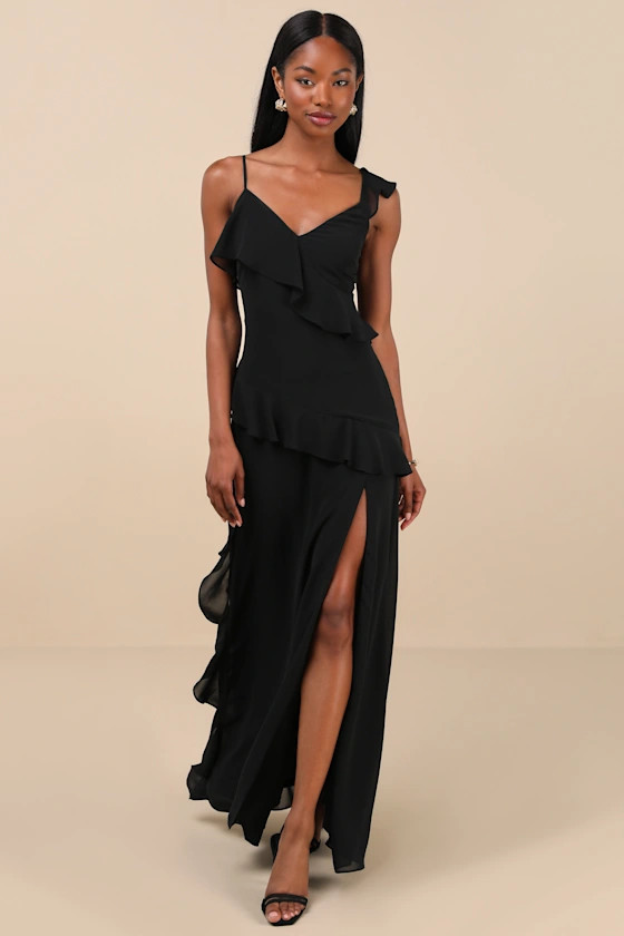 Utterly Captivating Black Ruffled Sleeveless Maxi Dress | Lulus