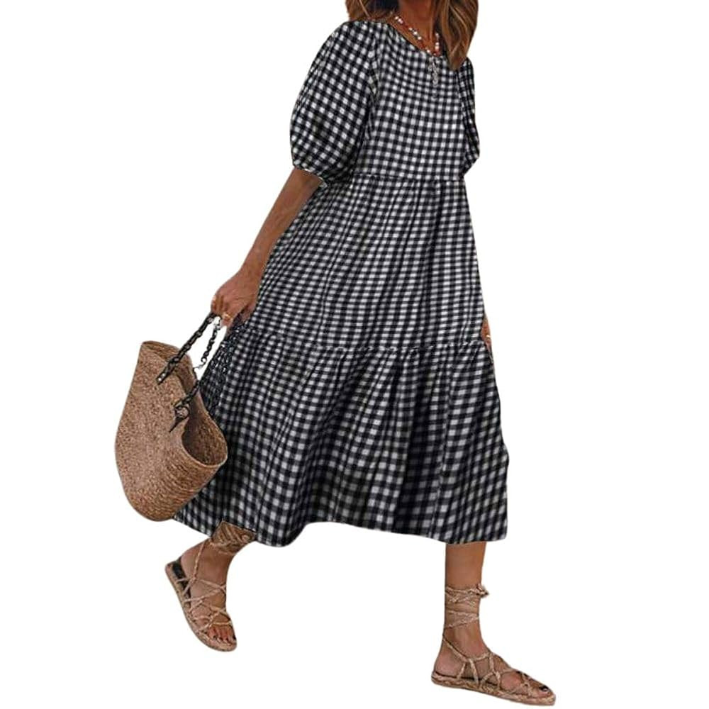 chouyatou Women's Retro Lantern Puff Sleeve Plaid Dress Gingham Swing Tiered Midi Long Dress | Amazon (US)