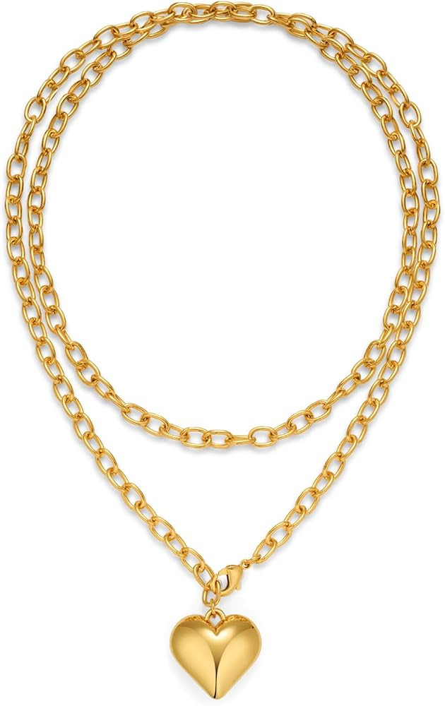 WOWORAMA Gold Chunky Chain Necklace for Women Puffy Heart Pendant Necklace White Gold Thick Chunky Chain Link Necklaces Heart Coin Choker Necklace | Amazon (US)