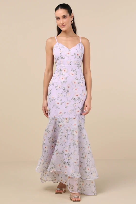 Pure Splendor Lavender Floral Organza Trumpet Maxi Dress | Lulus
