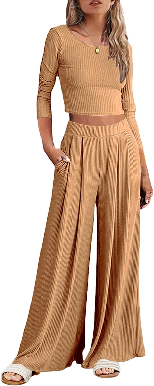 Ekouaer Women's 2 Piece Lounge Sets Ribbed Knit Crop Top Wide Leg Pants with Pockets S-XXL | Amazon (US)