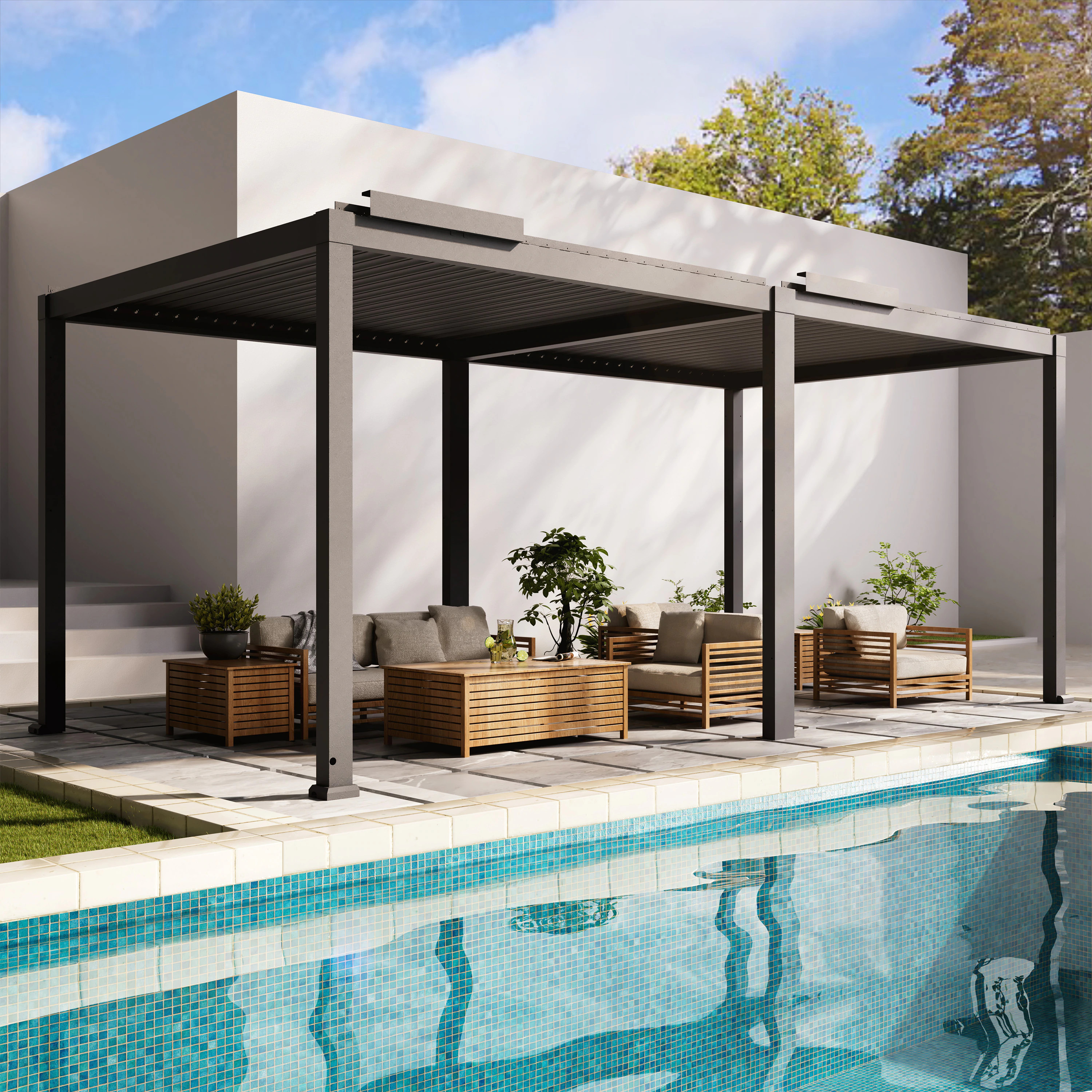 Mondawe Electric Pergolas 10-ft W x 20-ft L x 8-ft 2-in H Gray Metal Freestanding Pergola with Canopy Large | MO-0605877EL | Lowe's