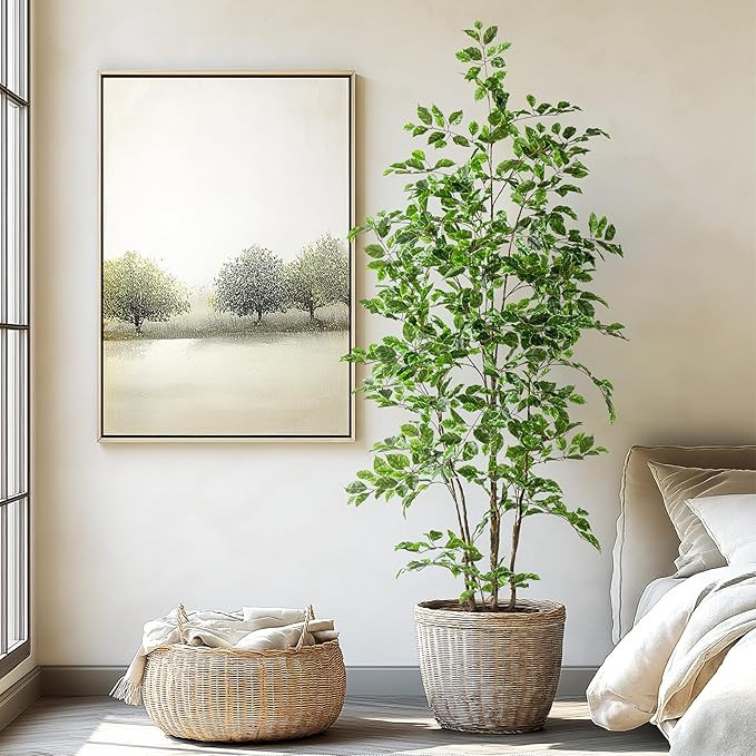 Artificial Ficus Tree Indoor 6ft, Large Potted Faux Tree with Realistic Silk Leaves & Trunk for H... | Amazon (US)