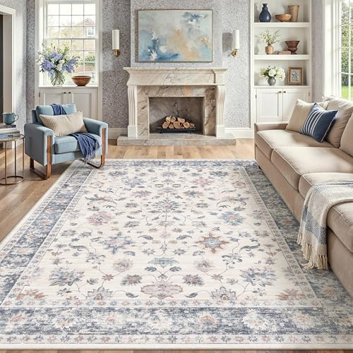 HUGEAR Area Rug 6x9 Vintage Blue Machine Washable Living Room Rugs Distressed Retro Floral Vacuum... | Amazon (US)