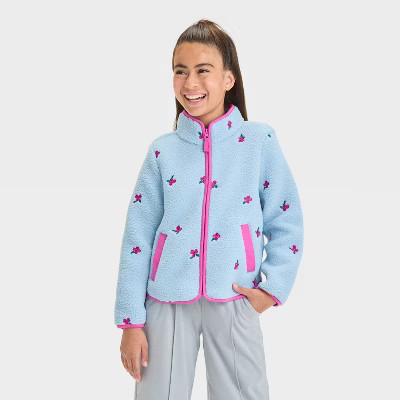 Girls' Faux Shearling Zip-Up 'Floral Embroidery' Jacket - Cat & Jack™ Dusty Blue M | Target