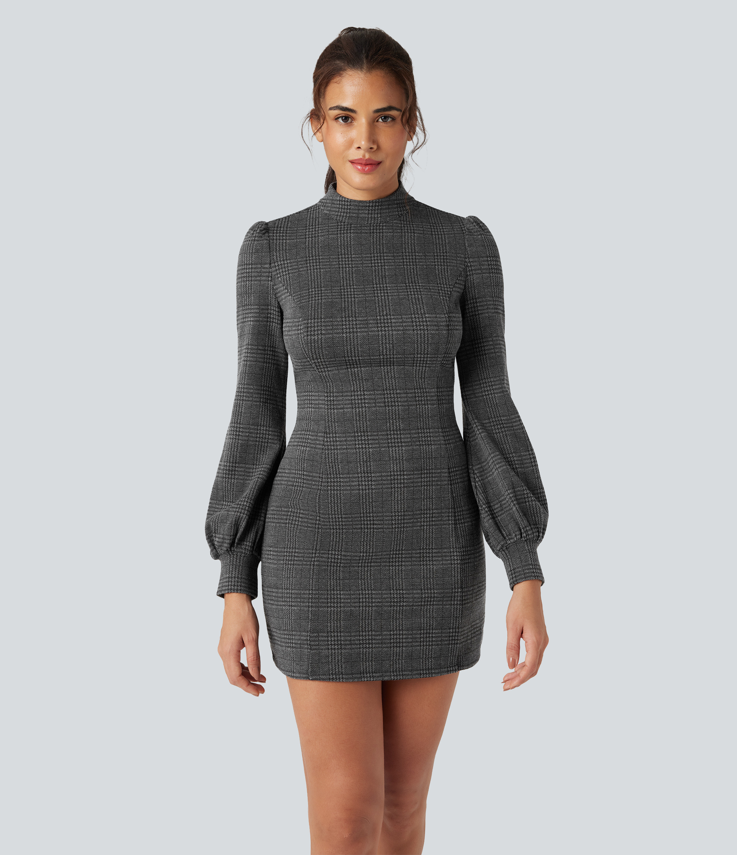 Halara Stand Collar Long Sleeve Houndstooth Plaid Mini Casual Dress Casual Dress - Charcoal Black Houndstooth Plaid - S slip dress | HALARA