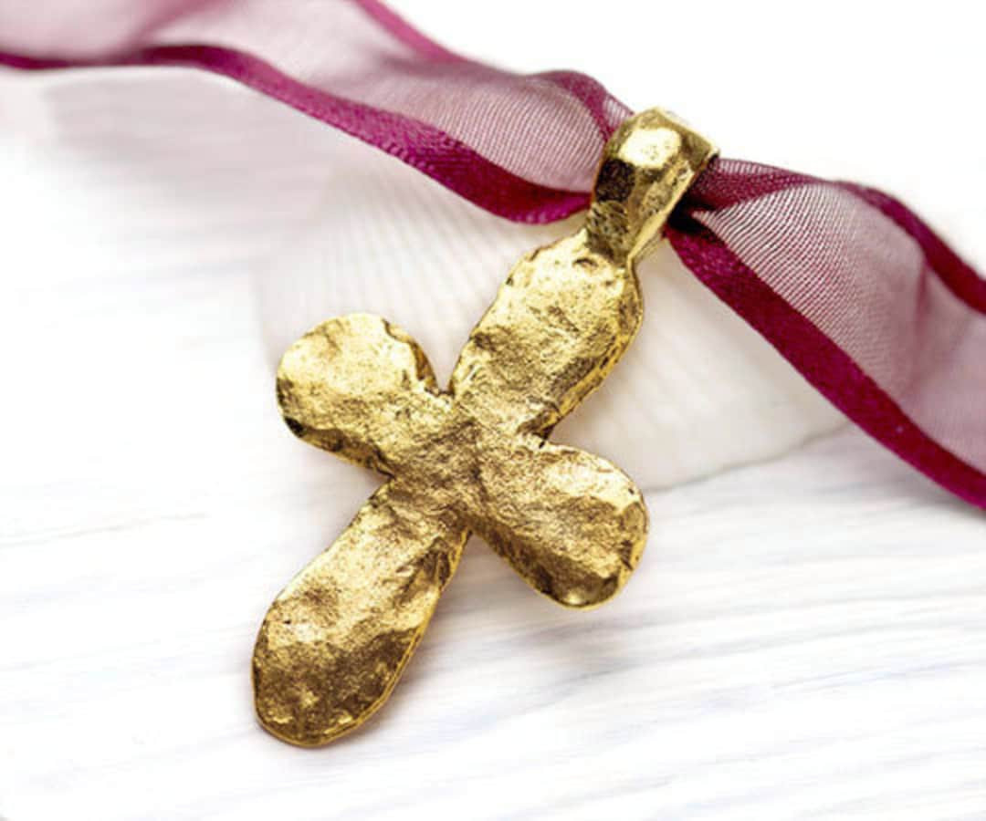 Large Gold Cross Pendant, Gold Hammered Cross Pendant, Ancient Cross With Bail Pendant, Rustic An... | Etsy (US)