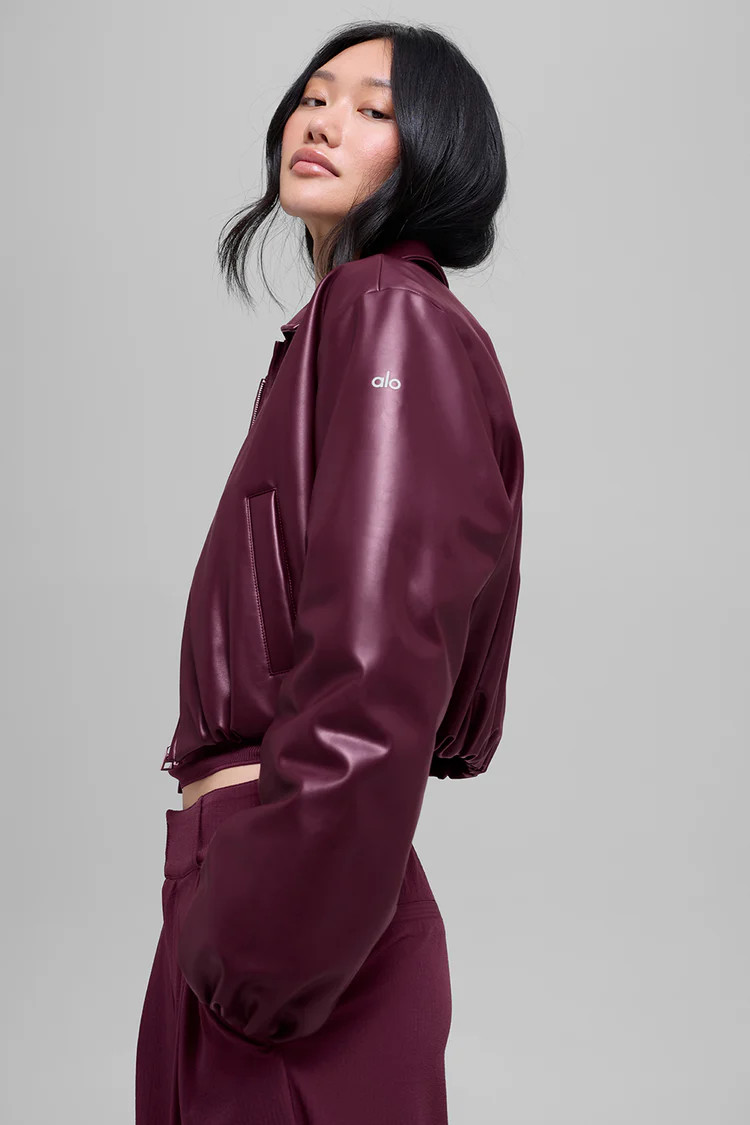 Faux Leather Cropped Premier Bomber - Burgundy | Alo Yoga (US)