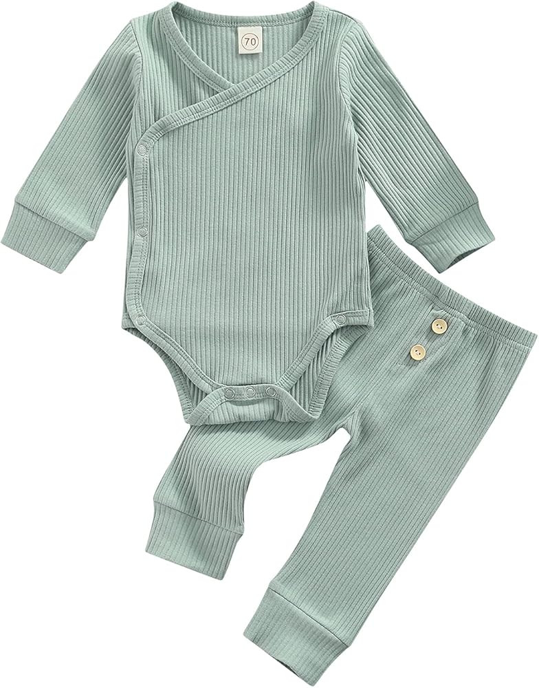 Winter Newborn Baby Boy Girl Clothes Set Ribbed Outfits Unisex Infant Solid Cotton Button Long Sleev | Amazon (US)