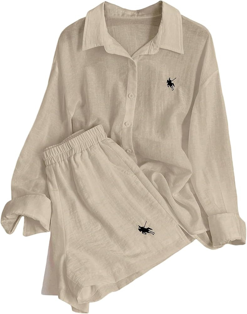 SweatyRocks Women's 2 Piece Outfits Button Down Shirts Lounge Linen Sets and Mini Shorts Pajama G... | Amazon (US)