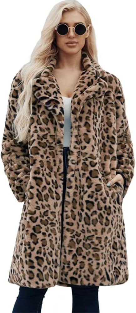 Long leopard suit collar faux fur coat women's casual coat autumn and winter new. | Amazon (US)