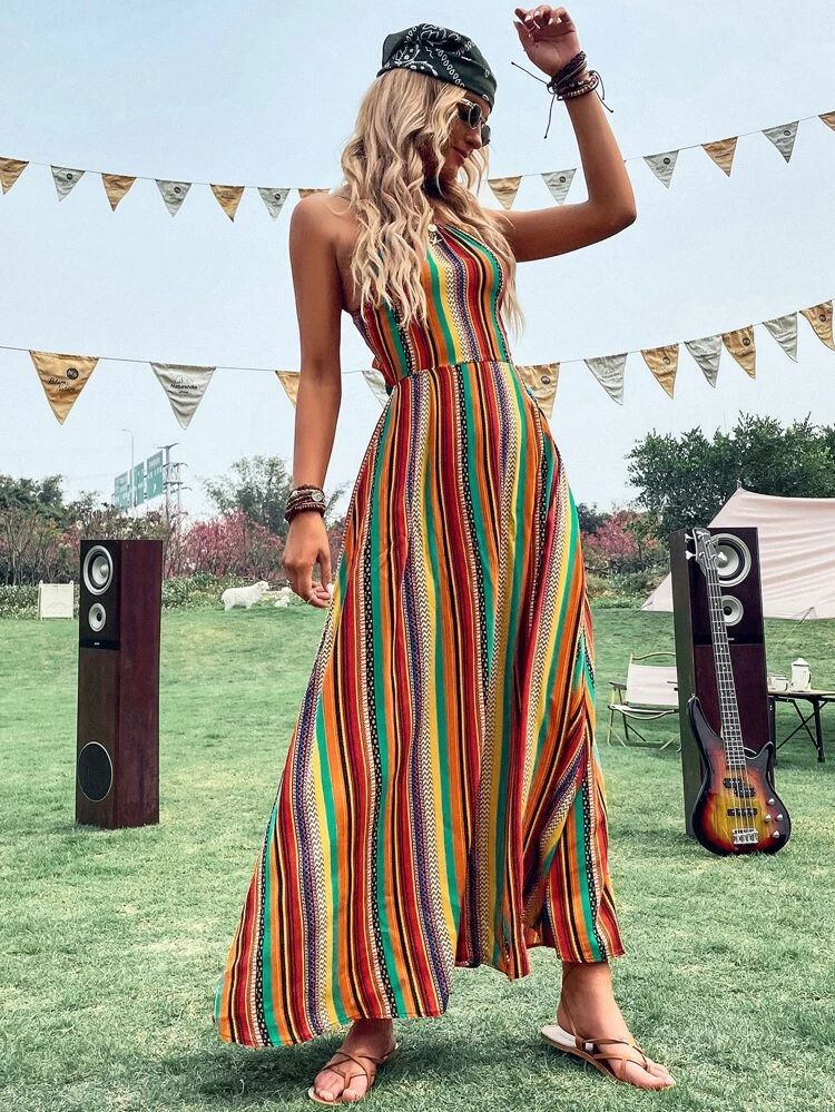 SHEIN VCAY Colorful Striped Tie Back Cami Dress | SHEIN