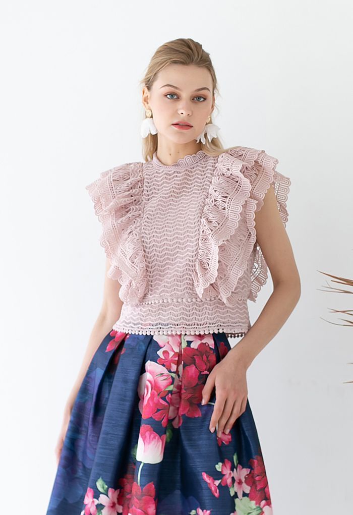 Tiered Ruffle Crochet Mock Neck Sleeveless Top in Pink | Chicwish