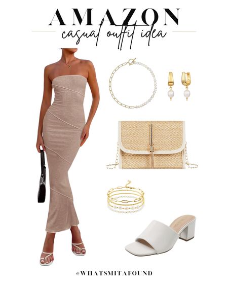 Amazon outfit idea, casual outfit idea, spring outfit idea, summer outfit idea, strapless dress, midi dress, maxi dress, beige sundress, beige dress, heeled sandals, white sandals, heeled mules, raffia purse, crossbody purse, straw purse, summer purse, bracelet set, dainty bracelets, pearl bracelet, pearl necklace, paperclip necklace, pearl earrings, dainty earrings 

#LTKshoecrush #LTKitbag #LTKfindsunder50