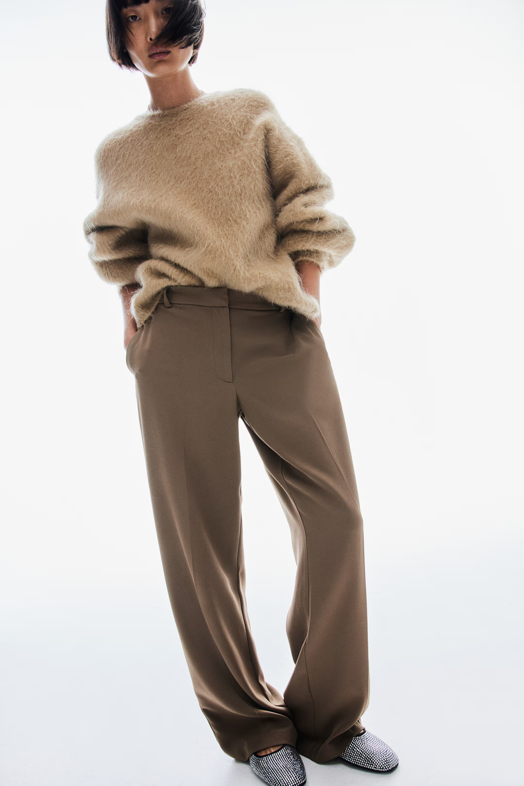 Straight trousers - High waist - Long - Brown - Ladies | H&M GB | H&M (UK, MY, IN, SG, PH, TW, HK)