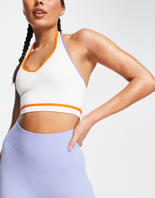 South Beach halterneck recycled polyester tank top in off white with contrast binding | ASOS (Global)