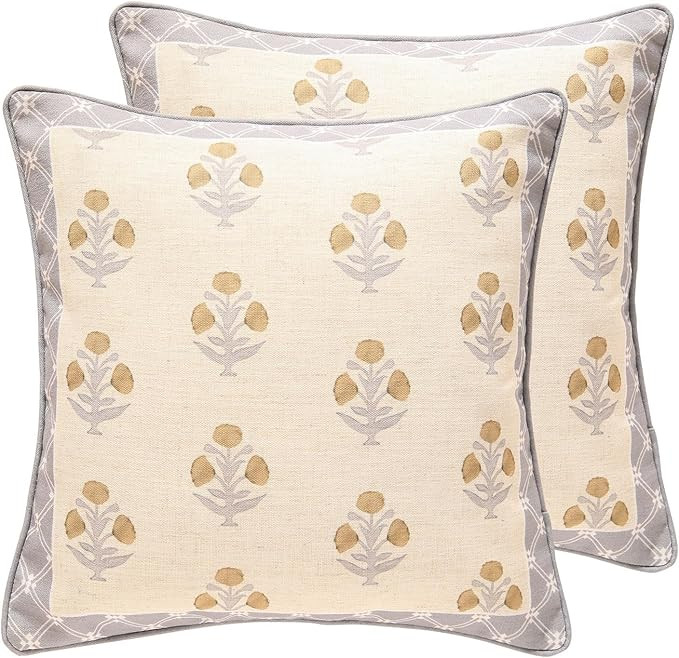 patdrea Designer Square Throw Pillow Covers Set of 2,Rustic Linen with Elegant Grey Blue Floral P... | Amazon (US)