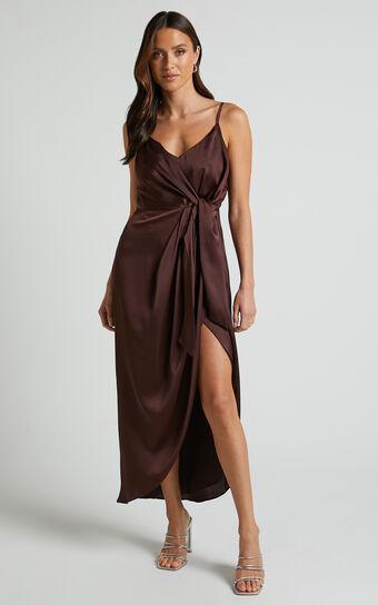 Katie Midi Dress - V Neck Tie Front Detail Dress in Chocolate | Showpo (US, UK & Europe)