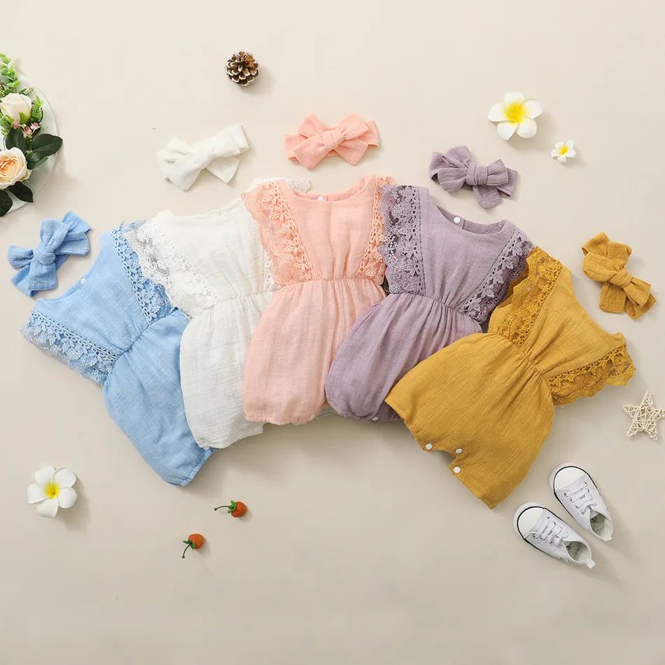 2pcs Baby Girl 95% Cotton Lace Flutter-sleeve Romper with Headband Set | PatPat