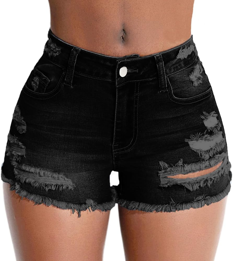 Women's Stretch Ripped Denim Shorts Mid Waist Casual Frayed Raw Hem Distressed Jean Shorts | Amazon (US)