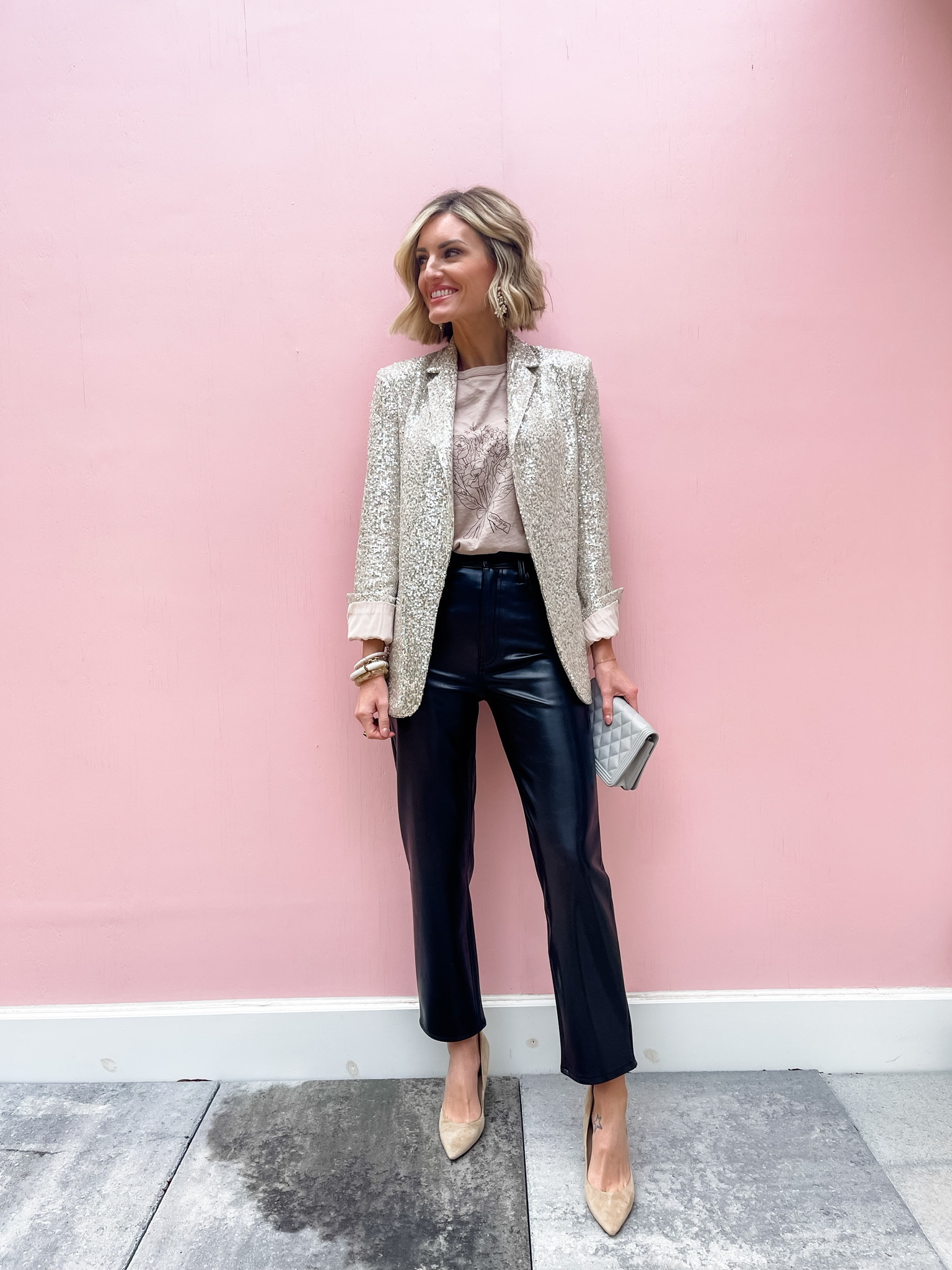 These pieces are perfect for NYE 👏 Loverly Grey is wearing an XS in the blazer and 25 in the faux leather pants! 

#LTKunder100 #LTKHoliday #LTKsalealert