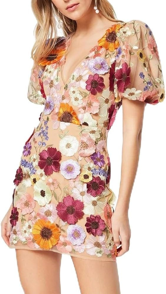 Bodycon Dress Women's 3D Floral Embroidery Dress Sheer Mesh Vneck Neck Lace Bodycon Party Cocktai... | Amazon (US)