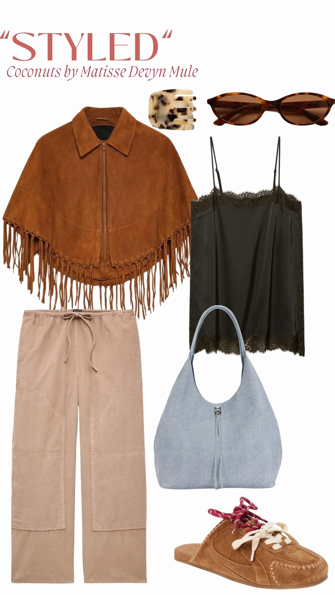 “Styled”
Coconuts by Matisse Devyn Mule

Brown Satin Cami: Aritzia (serif cami)
Brown Suede Fringe Cape: Etsy
Corduroy Pant: J.Crew (Luna Pant)
Blonde Tortoise Mini Claw Clip: Machete
Round Oval Tortoise Sunglasses: Quince
Denim Blue Tote Bag: Rebecca Minkoff (Darren Signature Bag)

#LTKSeasonal #LTKootd #LTKOver40
